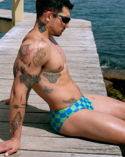 Donatello Brief in Blue & Green Grid Print