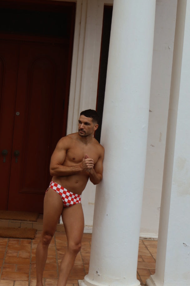 Donatello Brief in red & white Grid Print
