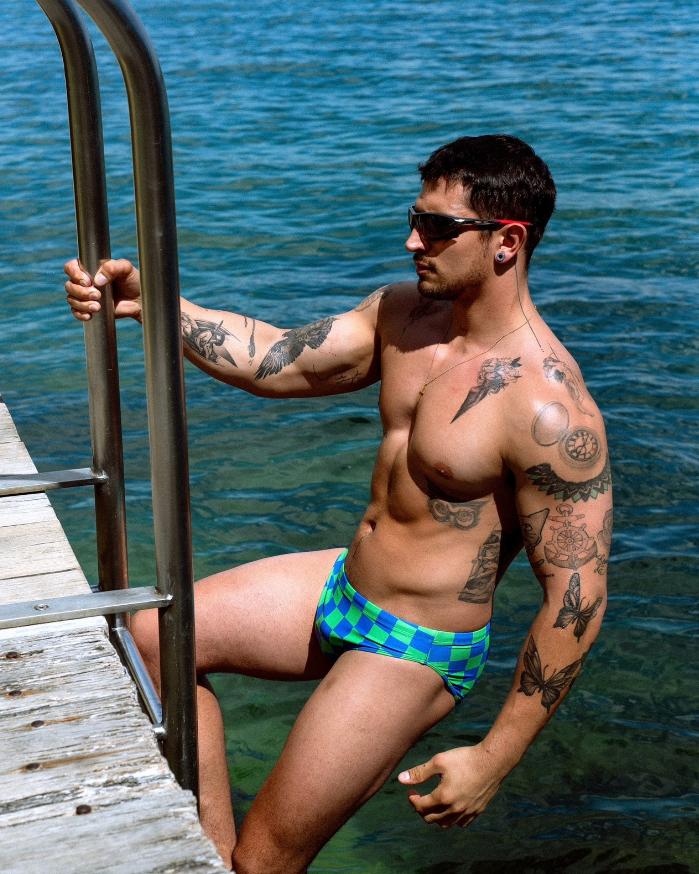 Donatello Brief in Blue & Green Grid Print